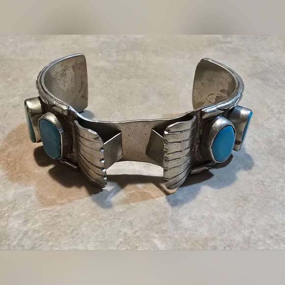 Vintage Navajo Turquoise and Silver Watch Cuff Bracelet Hand Crafted Jewelry - Picture 5 of 5